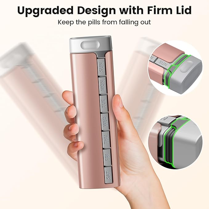 Daviky Metal Travel Pill Organizer, Premium Aluminum Pill Box 7 Day, Weekly Daily Pill Case, Stylish&Cute Pill Holder for Medicines, Supplements and Vitamins (Pink+Gray)
