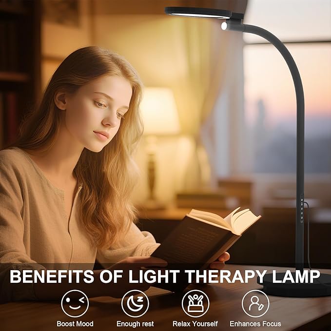 Light Therapy Lamp 10000 Lux UV-Free Sun Floor Lamp, 360° Gooseneck Happy Lamp with 5 Colors & 5 Brightness Levels & Remote Control + Touch Dual Control (Black)