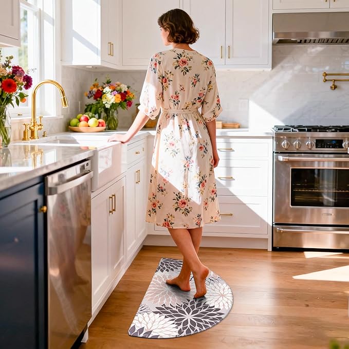 PVC Anti-Fatigue Semi Circle Kitchen Mats, Non-Slip Kitchen Rugs, Comfort Standing Runner Rug, Multipurpose Indoor Mats for Laundry, Office, Bedroom, Sink, Bathroom,Gray Pink,size18 x30