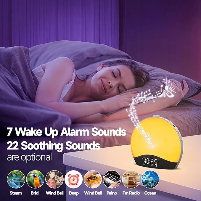 Sunrise Alarm Clock Wake Up Light, Kids Hatch Alarm Clock, Bluetooth White Noise Machine with 22 Soothing Sounds, 17 Color Night Lights, Sunrise Simulation, Dual Alarms, FM Radio, Snooze, Ideal Gift