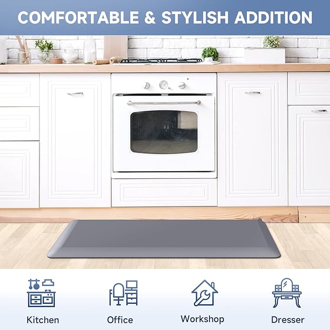 StepRite 4/5 Inch Thick Kitchen Mat Anti Fatigue Mat Kitchen Rugs Kitchen Decor Non-Slip, Stain & Water Resistant, Kitchen Mats Desk Mat for Kitchen, Office, Workshop, Grey, 17'' x 39''