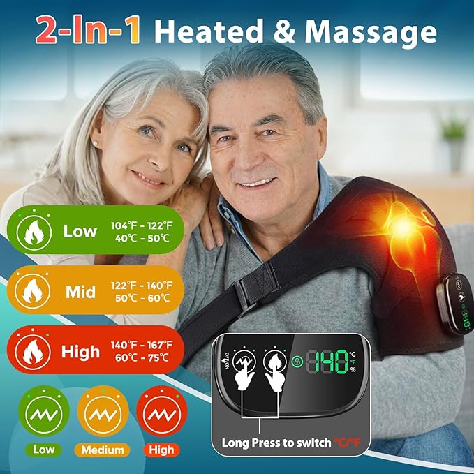 Cordless Shoulder Heating Pad with Massage, Shoulder Massager for Pain Relief, Heated Shoulder Wrap, Rotator Cuff Relief, Heating Pad for Shoulder, Fits for Men and Women