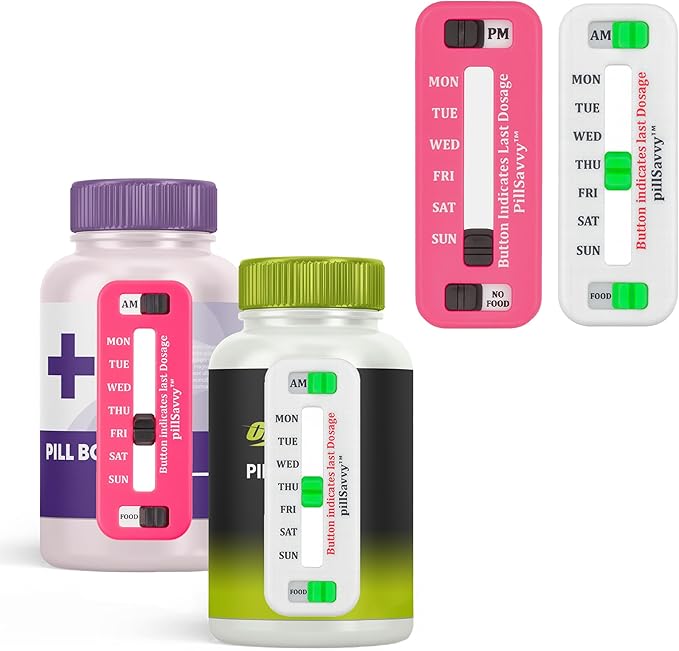 PillSavvy™ Daily Pill Tracker – Non-Digital, Reusable Medication Reminder for Bottles & Organizers – Easy to Use, Curved Back – Track Prescriptions, Vitamins, Supplements & Pet Meds (Pink, 2 Pack)