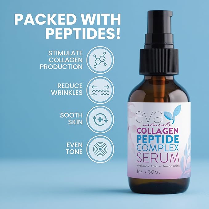 Eva Naturals Multi Peptide Face Serum – Anti Aging Collagen Peptides for Plump & Firm Skin Elasticity, Wrinkle & Fine Line Renewal, Fragrance Free Firming Facial Skincare - 1 oz