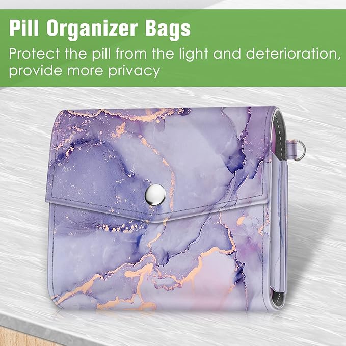FINPAC Weekly Pill Organizers 4 Times A Day, Slide Open PU Leather Case Travel Pill Vitamin Medicine Reminder and Planner with Name Card for Morning| Afternoon| Evening| Bedtime (Lilac Marble)