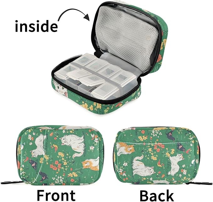 Green Persian Cat and Hummingbird in Spring Travel Pill Organizer Weekly Small (Cute) Pill Box 7 Day Pill Case Vitamin Holder Pill Bottle Organizer