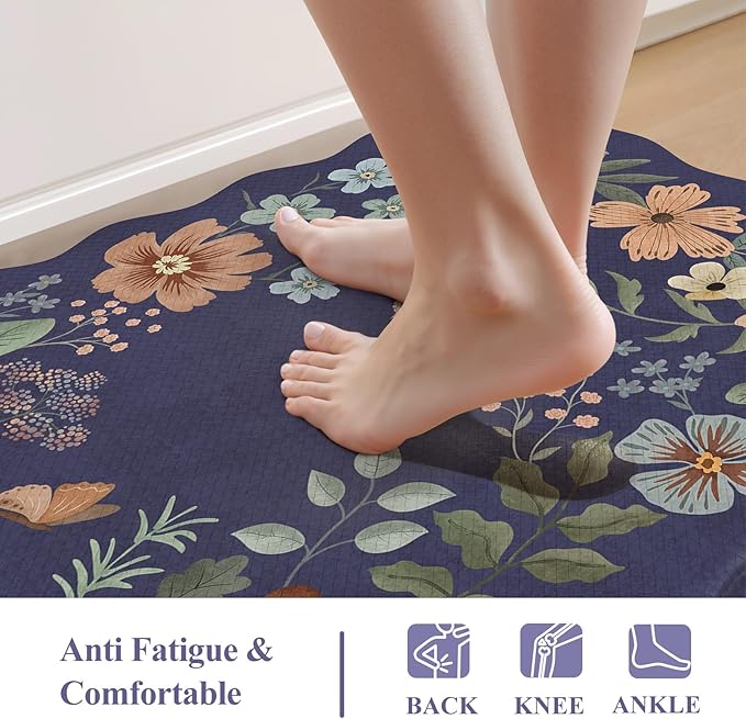 Collive Anti Fatigue Mats for Kitchen Floor, Scalloped Waterproof Kitchen Rugs Sets of 2 Non Skid Floral Desk Rug, Comfort Memory Foam Standing Mat for Office, Sink, Laundry, Blue