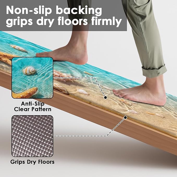 Anti-Fatigue Beach Kitchen Rug Set of 2 Cushioned Seashell Rug Mat for Floor, Summer Standing Waterproof Non-Slip Mat PVC Ergonomic Comfort Foam Decor for Kitchen