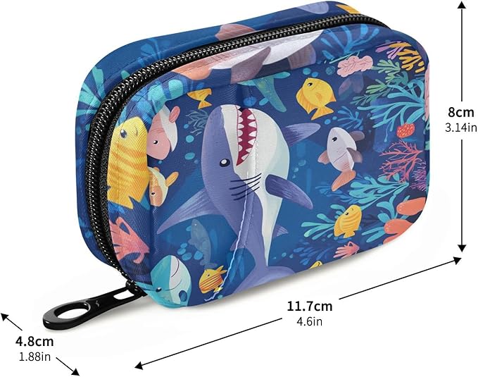Underwater Blue Sharks Fishes and Corals Travel Pill Organizer Case Box Container Weekly Portable Vitamin Medicine Holder Storage Bag with Zipper Removable