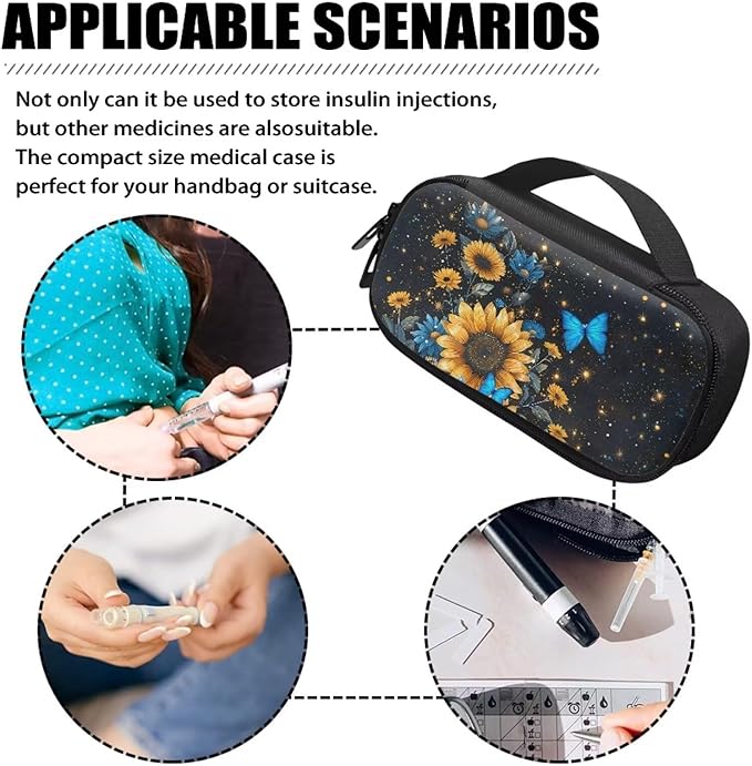 Blue Butterfly Sunflower Insulin Pen Cooler Travel Case with Handle Daily Life and Trip Storage Bag for Glucose Meter and Other Diabetic Supplies Easy to Use & Carry