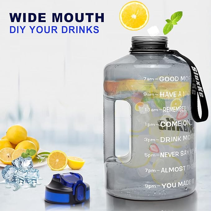1 Gallon Motivational Sports Water Bottle with Time Marker, BPA Free 128oz Leak Proof Jug, Black, Plastic, 128 ounces, Fitness, Sports, Outdoor Activities