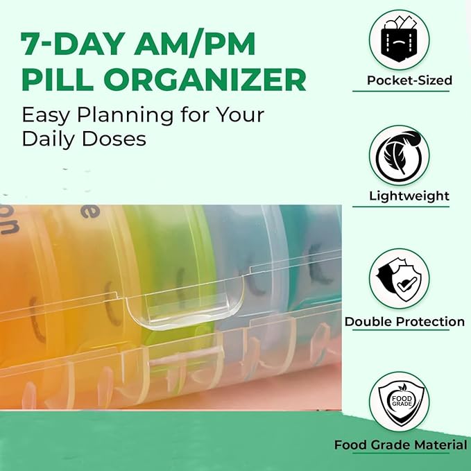 Large Weekly Pill Organizer 2 Times a Day, Vitamin Box, Convenient and Easy to Use, X-Large Pop-Out Compartments, Daily Pill Box AM PM Pill Case for Medicine/Vitamin/Fish Oil/Supplements (7 Color)