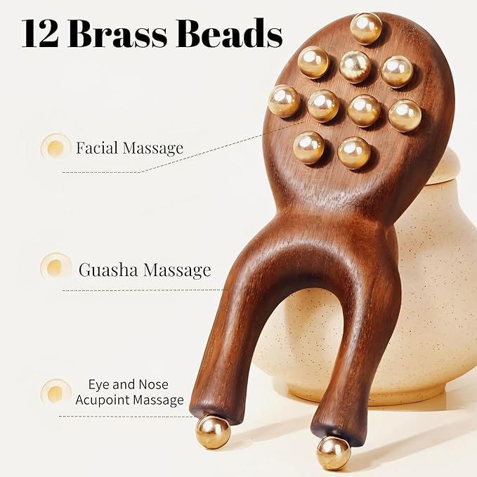 Sandalwood Facial Massage Roller with 12 Brass Beads, Wooden Y-Shaped Guasha Tool for Face, Eye, Nose, Ear Meridian Acupoint Massage