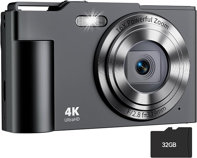 Digital Camera, FHD 4K Digital Point and Shoot Camera with 16X Zoom Anti Shake, 48MP Compact Small Camera with 32GB Card for Boys Girls Kids