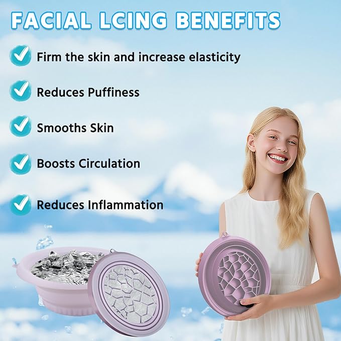 Face Tub for Ice Bath with Built-in Ice Tray – Collapsible Silicone Facial Ice Bath Bowl for Cold Plunge Therapy, Skin Tightening & Acne Relief – Portable Spa Tool for Home & Travel(Purple)