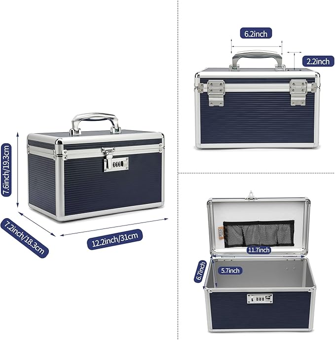 Lockable Medication Box with Portable Storage Case, 12.2 x 7.2 x 7.6 Inch, Childproof Medicine Organizer with Combination Lock, Locking Box for Money, Documents & Meds (Blue/Medium)