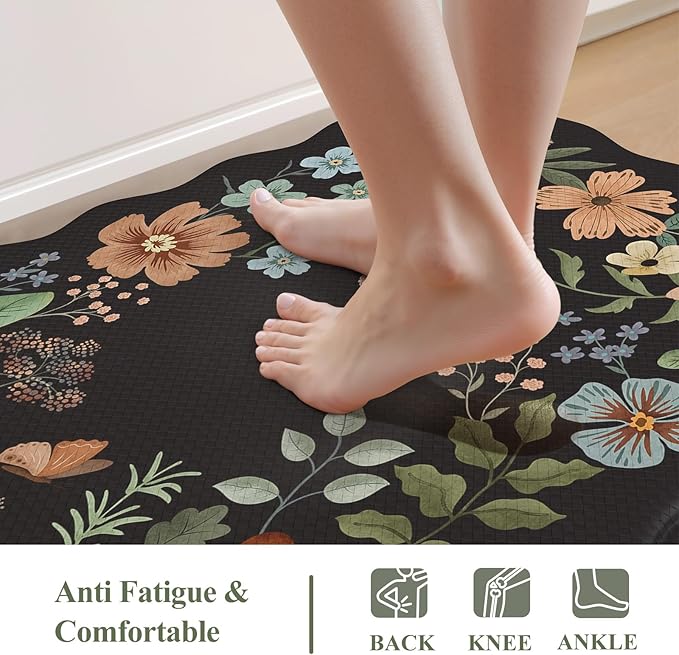 Collive Kitchen Mats for Floor 2PCS, Scalloped Cushioned Anti Fatigue Mat Non Slip Waterproof Kitchens Sink Rug, Vintage Boho Floral Rugs Comfort Standing Mat for Laundry, Desk, Bar, Office, Black