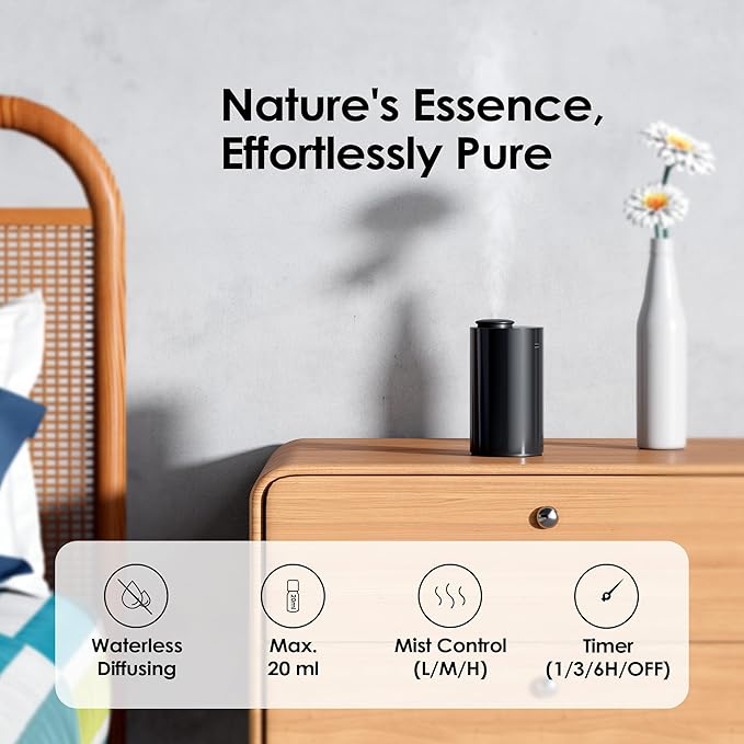 Airversa Waterless Essential Oil Diffuser Starter Kit with 30mL Hotel Fragrance Oil Inspired by BaCRT, Battery Operated Car Diffuser, Portable Aroma Nebulizer for Home Car Office, AN6Kit-4, Black