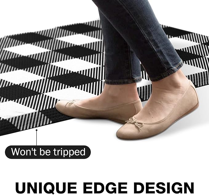 MAYHMYO Kitchen Mats Cushioned Anti Fatigue 0.47" Thick Black and White Buffalo Plaid Kitchen Rug Floor Mat Non Slip Waterproof Farmhouse Comfort Standing Mat for Home Office Sink