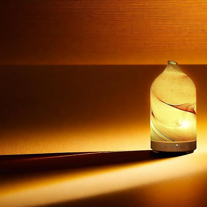 Essential Oil Diffuser Hand Blown Glass Aromatherapy Diffuser - Ultrasonic Cool Mist Scent Aroma Diffuser, Whisper Quiet with Auto Shut-Off, Timer Setting &7 Colors Night Light for Home