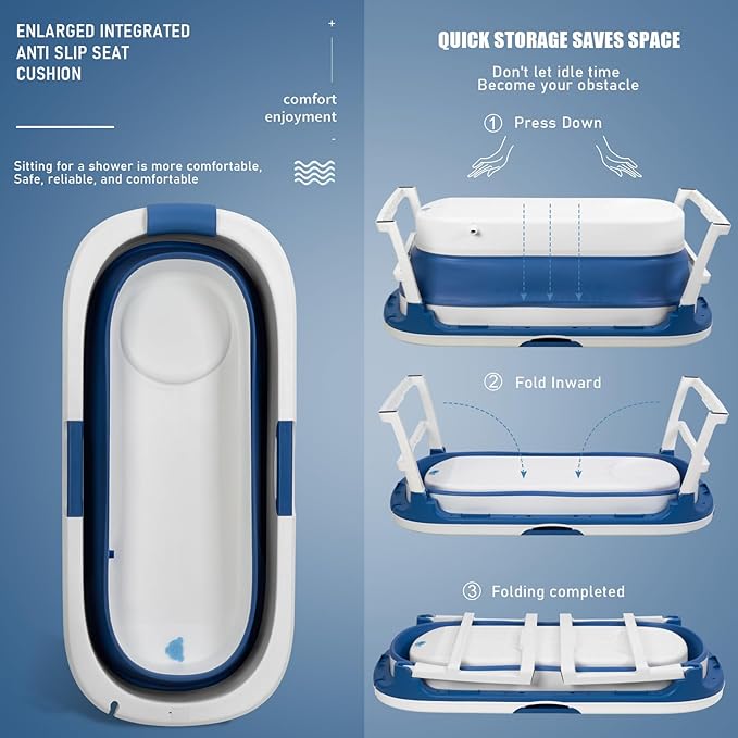 Portable Bathtub, 58/56/50/46 Inch Collapsible Bathtub, Freestanding Foldable for Adults, Folding Tub for Shower, Hot Bath, Ice Bath (Blue-C-140cm)
