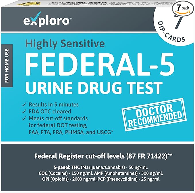 Exploro Federal Level 5 Panel Drug Test Kit - At Home Urine Drug Screen for THC, Cocaine, Amphetamines, Opiates, PCP - Accurate Results for Pre-Employment & Personal Use (Pack of 7)