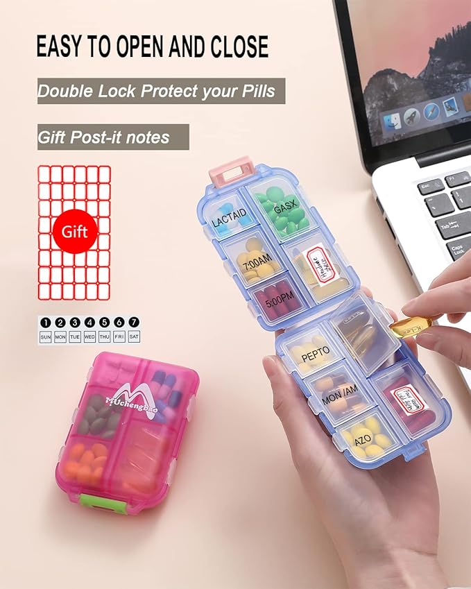 4PS Travel Pill Organizer with 164 Slice Labels，10 Compartments Travel Pill Box Portable Folding Small Pill Case Daily Pill Container Used for Carry Storage Medicine Organizer By M MUchengbao