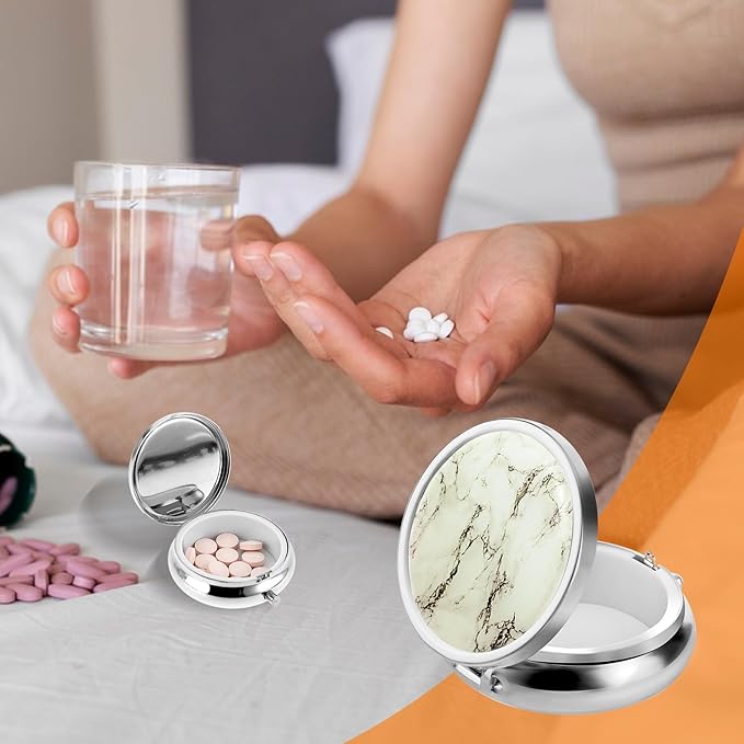 Pill Box Cute Small Pill Box for Purse & Pocket Medicine Organizer Travel Pillbox Waterproof Pills Cases Metal Pills Container Holder for Vitamins, Fish Oil, Supplements (Silver Marbles)