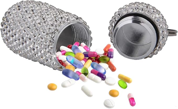 1PCS Bling Crystal Rhinestone Portable Pill Case Pill Container Waterproof Pill Holder with Keychain Glitter Travel Pill Box Small Medicine Dispenser Bottle Storage for Outdoor Camping Travel,A