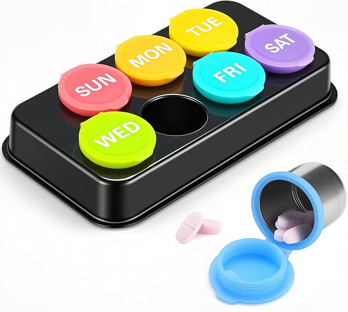Weekly Metal Pill Case 7 Day, Stainless Steel Pill Box Organizer for Travel, Waterproof Medicine Container, Portable Daliy Pill Holder for Vitamins Fish Oils (Rainbow-7days)