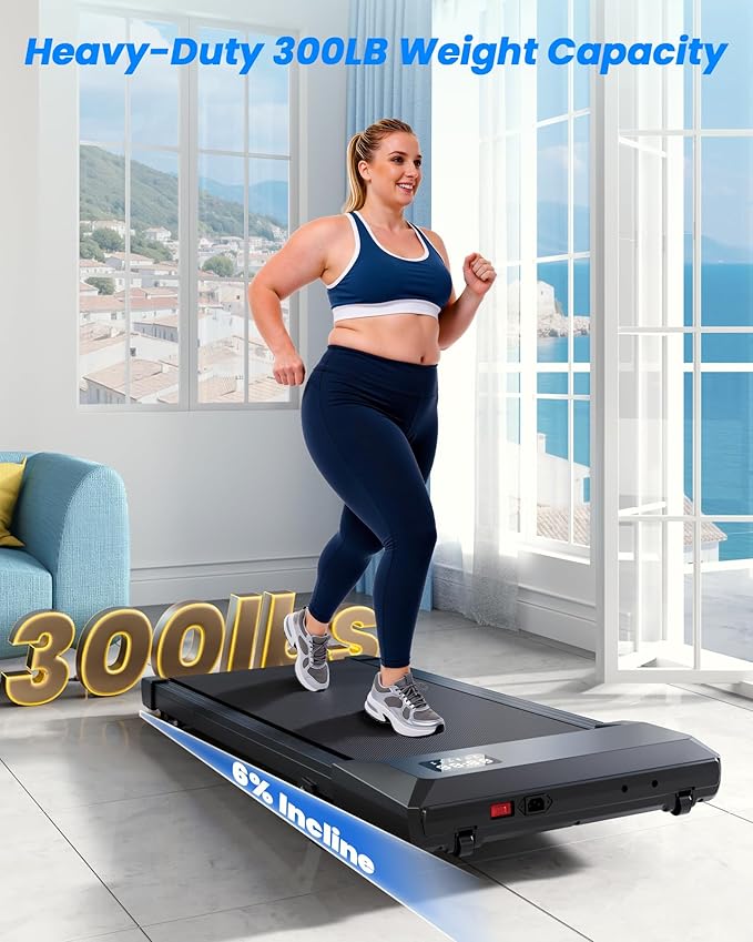 DeerRun Under Desk Walking Pad Treadmill with 6% Manual Incline, 0.6-3.8 MPH Walking Speed, 2.5 HP, 300 lb Capacity, App & Remote Control, for Home Office & Small Spaces