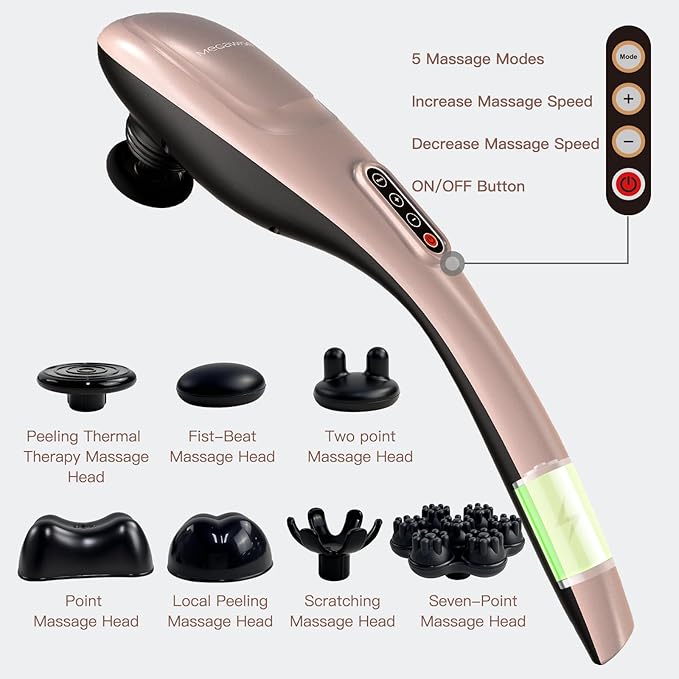 MEGAWISE Cordless Handheld Back Massager w/Rechargeable 3200mAh Battery, 5 Speed and 5 +2 Massage Nodes with Hard, Medium and 2 Soft Silicone Nodes; Massage While Moving Around (Rose Gold)