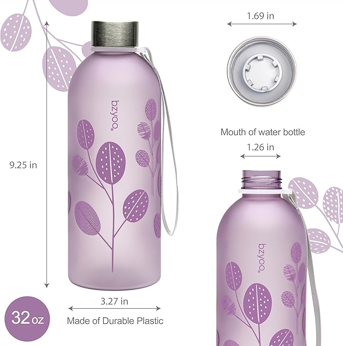 bzyoo 32oz 1 Liter Clear Water Bottle with Time Marker, Leaf Design, Durable Plastic, BPA-Free, Reusable with Measurement Markings for Fitness and Outdoor Activities (Color: Purple)
