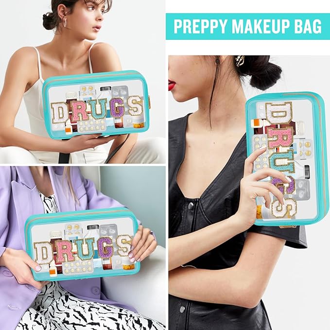 Chenille Letter Clear DRUGS Makeup Bag, Meds Travel Bag Small Preppy Makeup Pouch with Zipper, Transparent PVC & Nylon Waterproof Portable Glitter Cosmetic Toiletry Storage for Women Girl(DRUGS-Green)