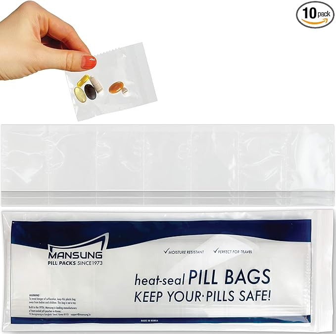 Mansung S Heat Seal Pill Bag pouche Pack Sealed for Medicine Funnel Tray Loading AM PM Organizer Electronic Dispenser kit Daily Sealing Filler Vacuum Vitamin omnicell sorter Paper (S 700 Bags/Blank)