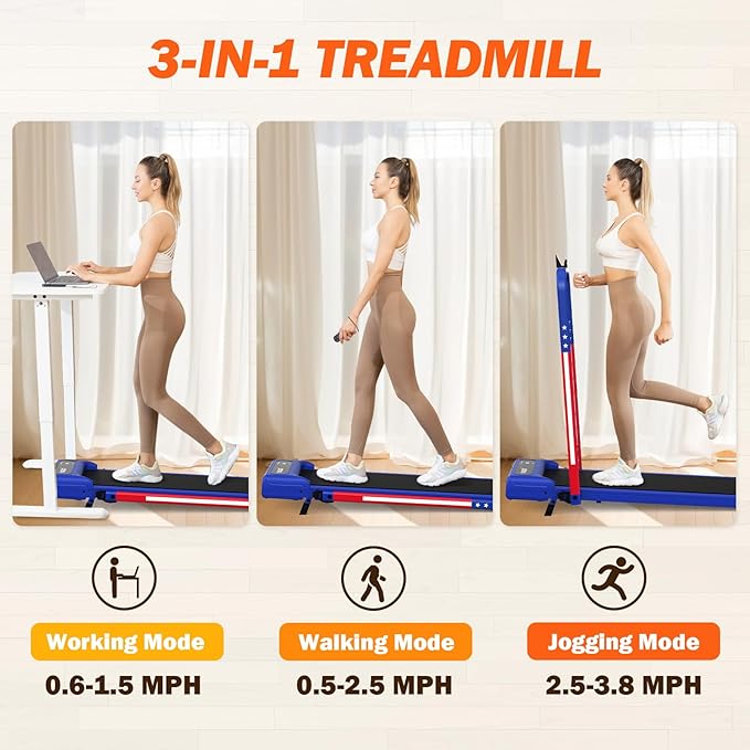 Walking Pad Treadmill with Incline for Home Office, Portable Under Desk Treadmill with Remote Control and LED Display, Walking Jogging Running Machine (Black) (Blue)