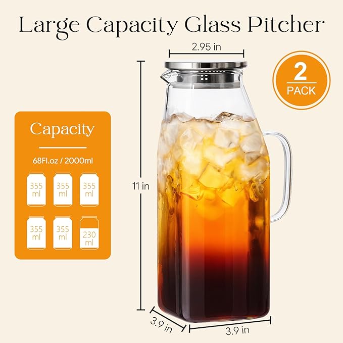 OneDream 68oz Square Glass Pitcher with Lid, 2 Pack Heat-Resistant Borosilicate Glass Water Pitcher, Wide Mouth Round Glass Pitcher with Handle, Leak-Proof Silicone-Edged Lid, for Iced Tea, Juice