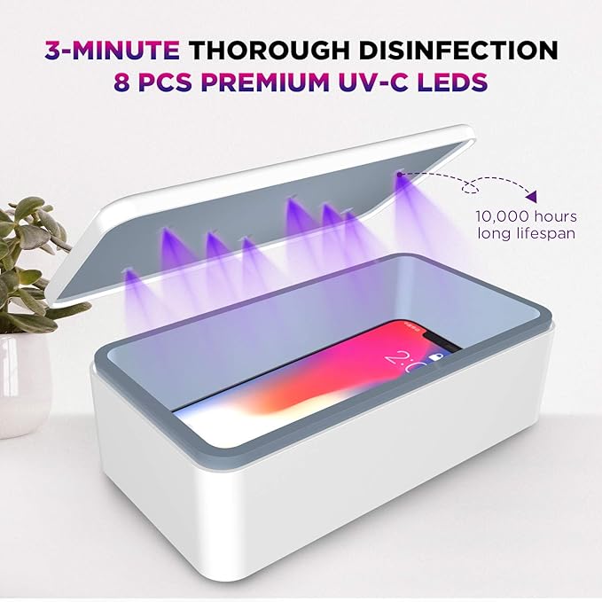 UV light Sanitizer Box, phone sanitizer with wireless charging, ultra-powerful 8 UV-C Sterilizer machine for Phone Toothbrush Nail Tools Jewelry and more