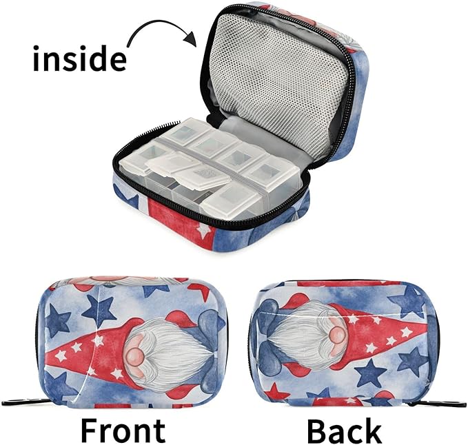 Watercolor Blue Gnomes Stars Cute Pill Organizer Weekly Travel Pill Box 7 Day Large Capacity Pill Dispenser Case with 8 Pill Container Daily Pill Box Organizer Vitamin Holder Pill Bottle Organ