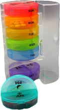 Small Pill Organizer 7 Day Weekly Tower Travel Pills Box Med Dispenser - 4 Times a Day AM PM Noon Night Medicine Container Medication and Vitamin Holder