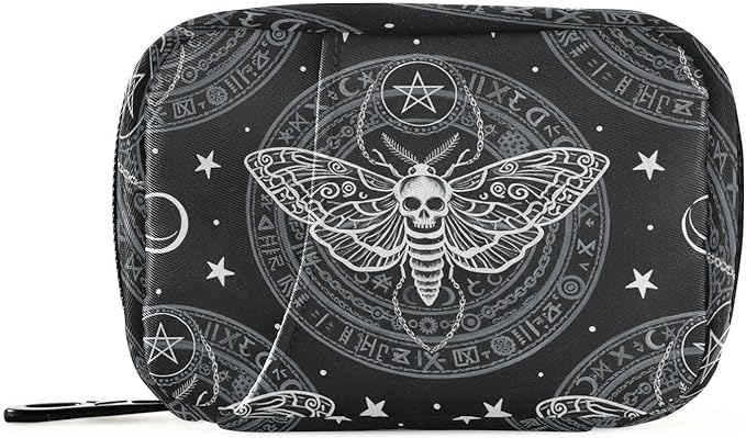 Travel Pill Organizer Bag Weekly Pill Organizer Case Skull Butterfly Black Portable Small Daily Pill Boxes for Vitamin Fish Oils Supplement Holder with Zipper Compact Size
