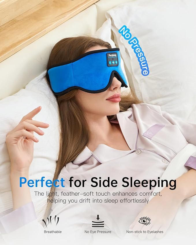 Sleep Mask with Bluetooth 5.4 Headphones, Wireless Music Sleep Eye Mask for Side Sleepers, 3D Contoured Comfort & Built-in HD Stereo Earphones, Blackout for Travel (Bright Blue)