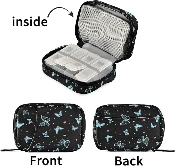 Fustylead Beautiful Butterflies Travel Pill Organizer Bag with Zipper Small Pill Box 7 Day Pill Case for Purse Storage Weekly Vitamin Medicine Supplement