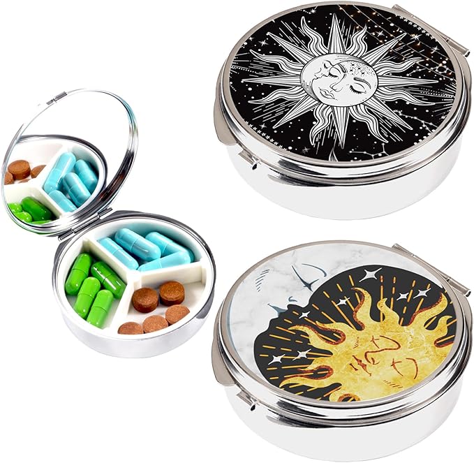 2pcs Pill Box,3 Compartment Small Pill Case for Pocket & Purse, Cute Travel Metal Pill Organizer,Portable Pill Container and Medicine Vitamin Organizer