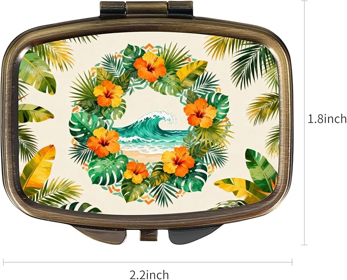 Dynippy Pill Case Pill Box with Mirror Retro Pocket 2 Compartment Medicine Case Vitamin Pill Organizer for Pocket Purse and Travel (A-Tropical Beach Wreath)