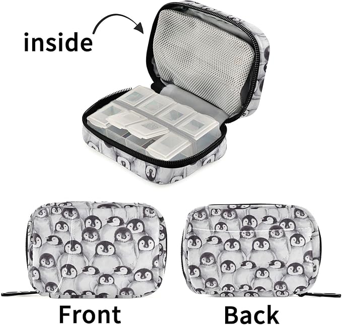 Cute Penguins Pill Box 7 Day Pill Case Travel Pill Organizer Bag Container for Medicine with Zipper Portable Weekly Case Compact Size for Medicine, Vitamin, Supplement