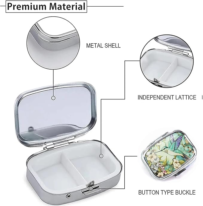 WATASSA Pill Box with Animal Style Mirror All-in-One 2-Compartment Portable Medicine Organizer, Marble Pattern Travel Pill Case for Vitamins&Daily Medication(Fits Pocket/Purse) (Emerald Bird)