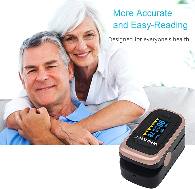 Oxygen Saturation Monitor, Wrinery Premium Pulse Oximeter Fingertip, Oxygen Monitor, O2 Saturation Monitor, OLED Portable Oximetry with Batteries, Lanyard (Rose gold-Royal black)