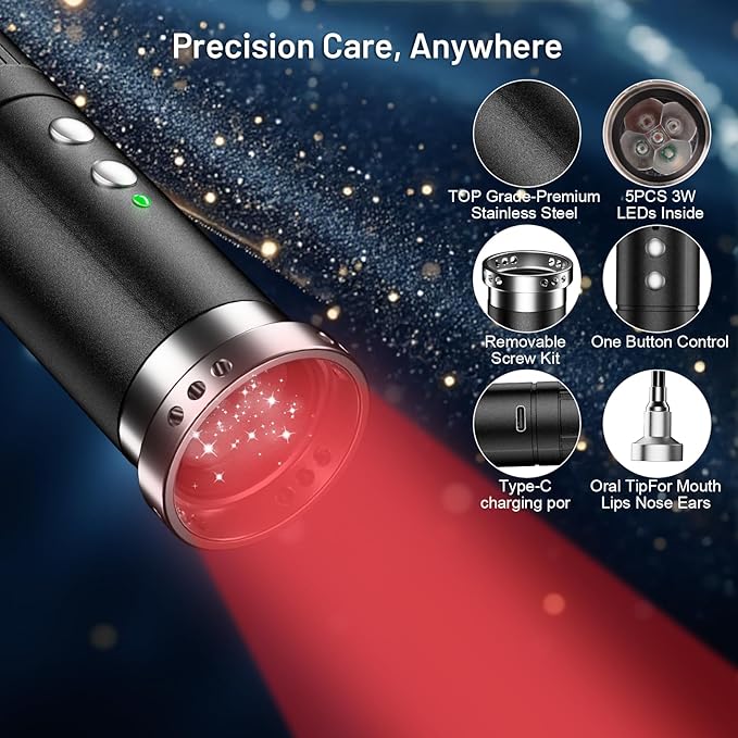 HomeCare Red Light Therapy Wand, Portable Handheld Red & Infrared Light Therapy Device with 5 Wavelengths (460/630/660/850/900nm), 10Hz Pulse, Smart Memory, Rechargeable for Face & Body Care
