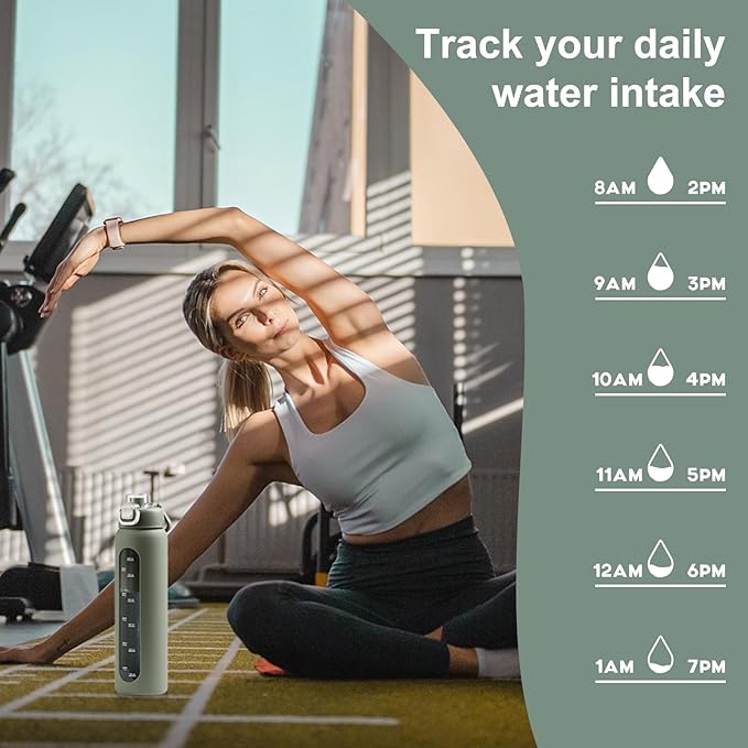 24 oz Glass Water Bottle with 2 Lids-Handle Spout Lid & Straw Lid, Motivational Water Bottle with Time Marker and Silicone Sleeve,Leakproof-Olive-1 Pack
